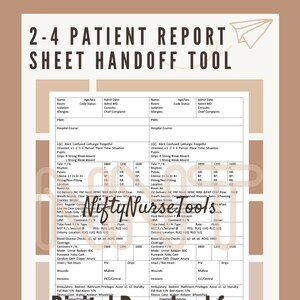 Puede incluir: Una hoja de transferencia de informe de paciente imprimible para enfermeras. La hoja incluye secciones para la información del paciente, los signos vitales, los medicamentos y otros detalles importantes. La hoja está diseñada para ayudar a las enfermeras a comunicarse eficazmente entre sí durante las transferencias de pacientes.