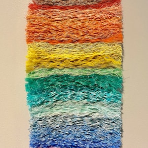 upcycled lobster rope weaving, colorful handmade Maine beach art - narrow rainbow