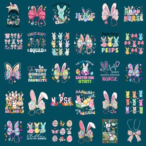 Puede incluir: Un collage digital de 18 diseños diferentes con conejos de Pascua, lazos y estetoscopios. Los diseños incluyen frases como "Happy ER Nurse", "Night Shift Squad", "Tiny Humans are my Favorite", "This Nurse Needs an Easter Egg Stat!" y "Every Bunny's Favorite Nurse".