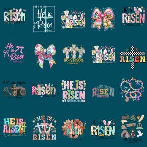 Może przedstawiać: Tło w kolorze turkusowym z 16 różnymi wzorami o tematyce wielkanocnej, na których widnieje napis "He is Risen" w różnych czcionkach i kolorach. Wzory obejmują krzyże, kokardy, kwiaty, jajka i króliki.