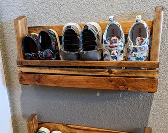 Wood Shoe Racks - Set of 2 - Wall Mounted Behind-the-Door Space Saving - Reclaimed Wood - Garage Shoe Organizer - 19, 28 or 38 Inches