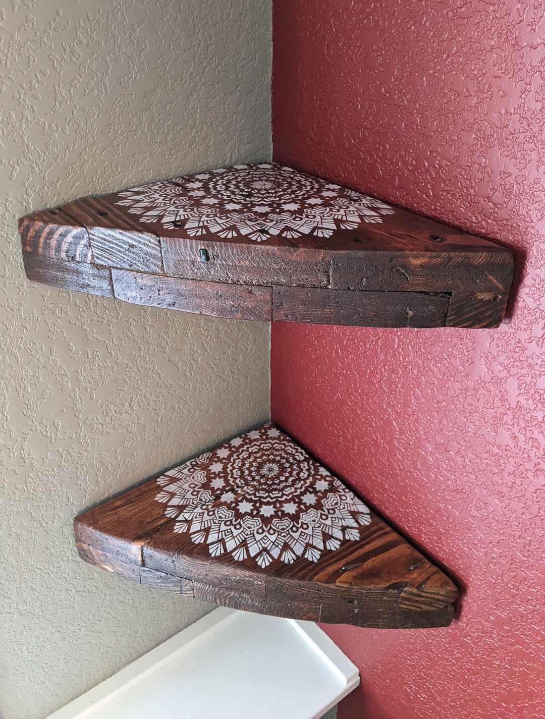 Wood Floating Corner Shelves With Mandala Design Oblong Etsy