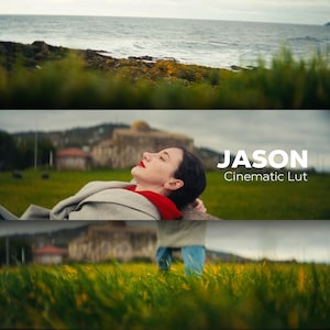 Può includere: Un'immagine cinematografica con una persona con rossetto rosso e un colletto rosso, appoggiata su una superficie di pietra. Il testo "JASON Cinematic Lut" è visualizzato. Lo sfondo include un campo erboso, un edificio e una vista costiera.