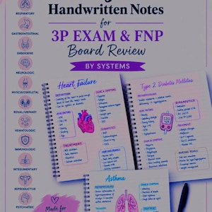 May include: A study guide titled Georgiak Handwritten Notes for 3P Exam & FNP Board Review by Systems. It features spiral-bound pages with medical notes on Heart Failure, Type 2 Diabetes Mellitus, and Asthma, alongside a black pen and icons.
