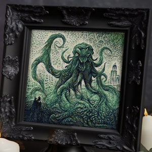 May include: A black framed picture with a green and black cross-stitch design of a tentacled creature with a city skyline in the background.