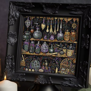 Apothecary, Potion shop, Witch's brew, Enchantments, Wizardry, Occult store, Sorcerer supply, Gothic, Cross stitch pattern PDF, Crossstitch