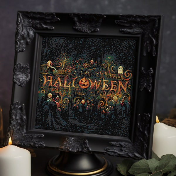 Halloween, Mystery Sign, Pumpkin, Spooky, Bogeyman, Gothic, Scary, Darkart, Witch, Decor, Wall Art - Cross stitch pattern PDF, Cross-stitch