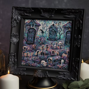 Funky Boneyard, Necropolis, Cemetery, Tombs, Scary, Ghost, Churchyard, Spirits, Haunted gravestones, Cross stitch pattern PDF, Crossstitch