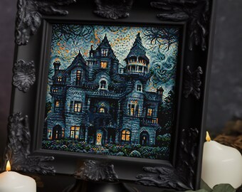 Gothic manor, Enchanted house, Cursed chateau, Phantom residence, Frightful homestead, Mysterious  - Cross stitch pattern PDF, Cross-stitch