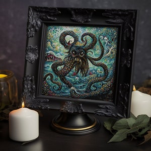May include: A black framed artwork featuring a detailed illustration of a monstrous, multi-tentacled creature with a toothy grin, set against a swirling, blue and green background.