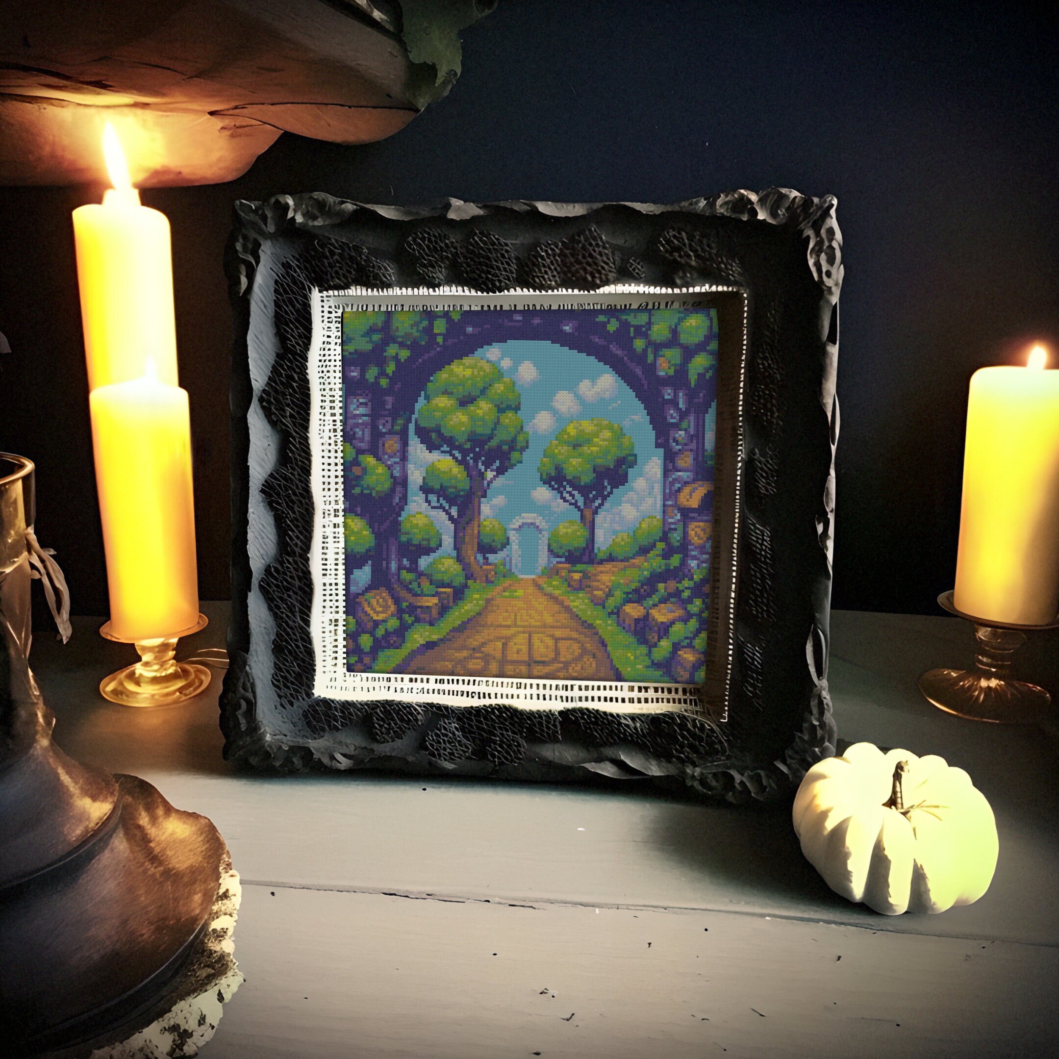 Ancient stone portal, Gateway Arch, Runes, Trees, Realm Entrance, Mystical, Magic, Elden Stones,   Cross stitch pattern PDF, Crossstitch