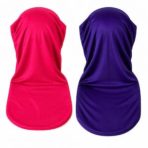 May include: Two neck gaiters made of smooth, lightweight fabric. One gaiter is a vibrant hot pink colour, and the other is a deep, solid purple. Both items feature a rounded bottom hem and a seamless, tubular construction for versatile wear.