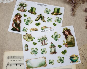 Stickers Sheet | St Patrick's Day Stickers | Girls I Clover I Decorative Stickers I Bullet Journal Stickers I Journaling I Scrapbooking