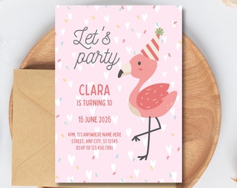 Pink Flamigo Birthday Invitation, Girl Boho Birthday Invitation Template, Modern Rainbow Invite, Printable Invitation, Instant Download
