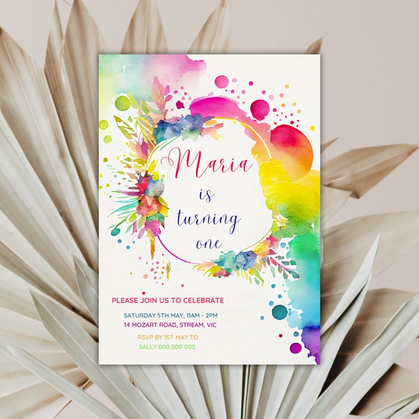 Watercolor pastel splatter birthday invitation colorful sprinkles party invite Pink Purple blue digital download printable templates DIY