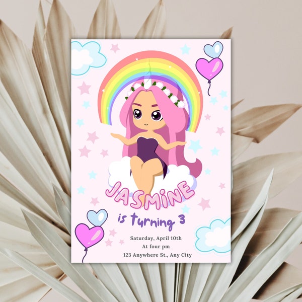 Unicorn Girl Pink Hair Birthday Invitation Editable Fairy Rainbow On The Cloud Party Full of Stars Hearth Digital Template INSTANT DOWNLOAD