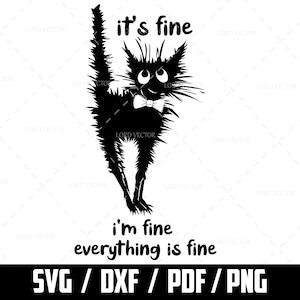 Puede incluir: Ilustración en blanco y negro de un gato con pajarita con el texto "it's fine" encima del gato y "i'm fine everything is fine" debajo del gato.