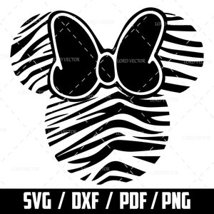 May include: Black and white zebra print Minnie Mouse ears with a large black bow. SVG, DXF, PDF, and PNG files.