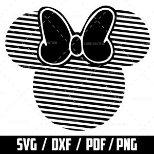 May include: Black and white silhouette of a cartoon mouse head with a large bow. The mouse head is made up of horizontal stripes. The bow is a solid black shape with a white outline.