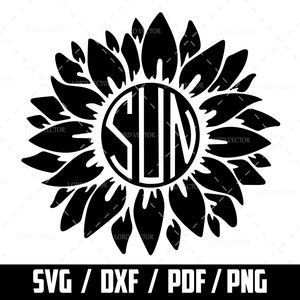 Könnte beinhalten: Schwarze und weiße Silhouette einer Sonnenblume mit den Buchstaben "SUN" in einem Kreis in der Mitte.