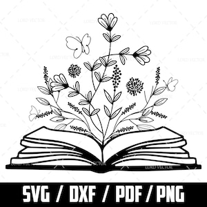 May include: A black and white line drawing of an open book with flowers and butterflies growing out of it. The book is closed and has a simple design. The flowers are stylized and have a whimsical feel. The butterflies are delicate and have intricate wings.