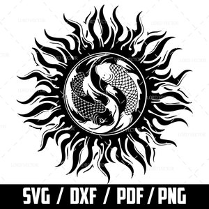 May include: Black and white illustration of two fish swimming in opposite directions inside a circle with a sunburst design around it.