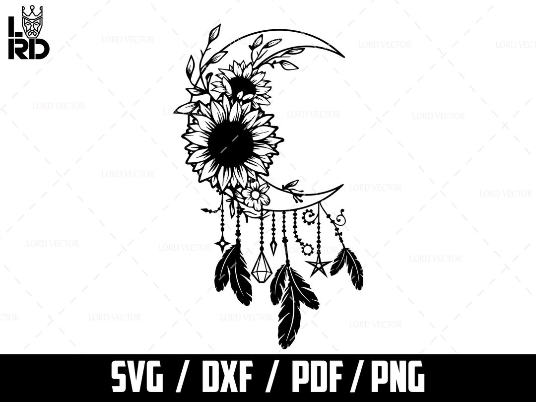 Sunflower and Moon Svg, Dream Catcher, Moon and Feather Silhouette SVG