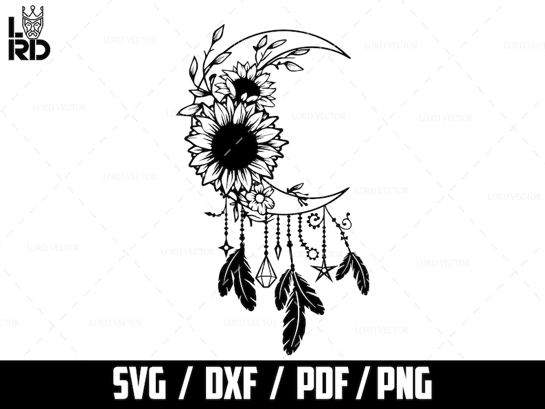 Sunflower and Moon Svg, Dream Catcher, Moon and Feather Silhouette SVG