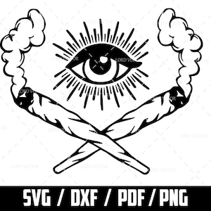 May include: Black and white illustration of two crossed marijuana joints with smoke rising from each end. A stylized eye with a sunburst behind it is in the centre of the image.