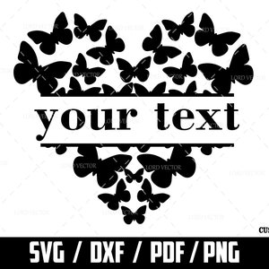 Puede incluir: Silueta negra y blanca de una forma de corazón hecha de mariposas con el texto "your text" en el centro.