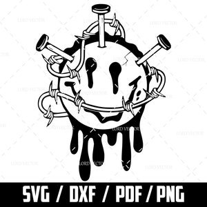 May include: Black and white illustration of a dripping smiley face with barbed wire and nails piercing through it.