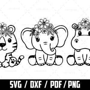 3 dieren bundel SVG voor cut-bestand, schattige tijger & olifant en nijlpaard, dierlijke silhouet, digitale download