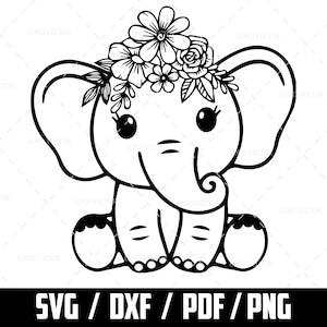 May include: A black and white line drawing of a cute cartoon elephant wearing a flower crown. The elephant is sitting with its legs crossed and has a sweet expression on its face.