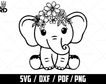 Bébé éléphant SVG, fille éléphant mignon, Animal Silhouette Cricut, éléphant avec fleur SVG, téléchargement numérique