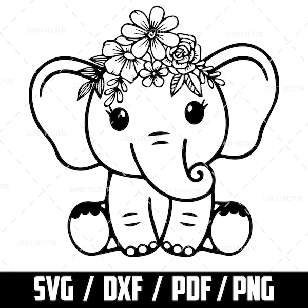 Baby Elephant SVG, Cute Elephant Girl, Animal Silhouette Cricut, Elephant with Flower SVG, Digital Download