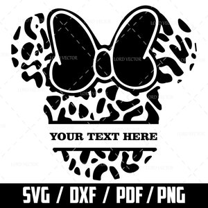 Op de afbeelding: Zwarte en witte silhouet van een muizenkop met een strik, met een luipaardprint. De tekst "YOUR TEXT HERE" wordt onder de afbeelding weergegeven.