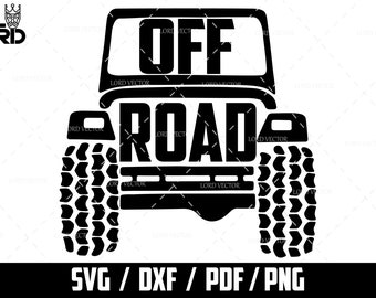 May include: Black and white silhouette of a jeep with the words "OFF ROAD" printed on it. The jeep has large tires with a tread pattern.