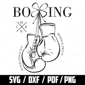 May include: Black and white illustration of two boxing gloves with a clover and the word "BOXING" above them. The text "PUNCH KNOCK OUT" is on the left glove and "BLOOD & SWEAT" is on the right glove.