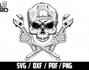 Skull Mechanic SVG: Wrench Tool Design (Digital Download)