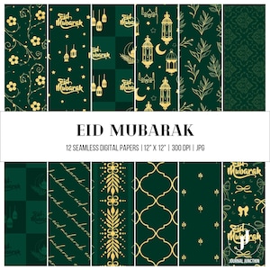 Könnte beinhalten: Ein Set aus 12 nahtlosen digitalen Papieren mit dunkelgrünen Hintergründen und goldenen Mustern, darunter Eid Mubarak-Schriftzüge, Laternen, Mondsicheln, Sterne, florale Motive, Schleifen und geometrische Formen, 30,48 cm mal 30,48 cm groß.