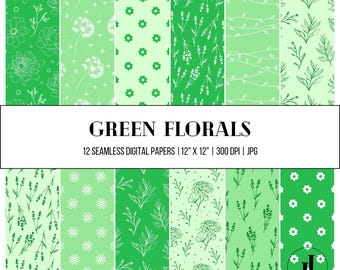 12 Green Florals Digital Paper: Seamless, Printable, Free for Personal and Commercial Use