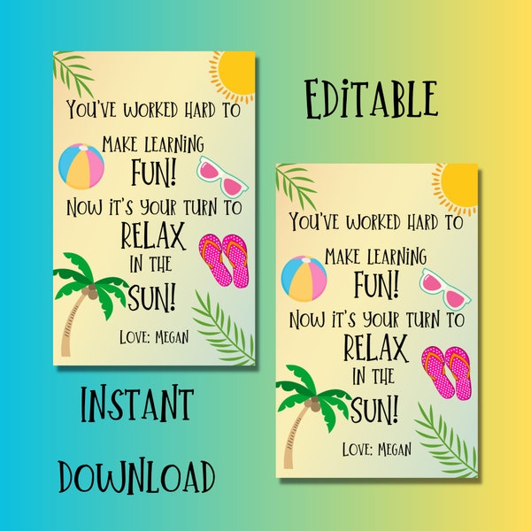 Editable End of the year Teacher Gift Tag, Summer, Printable, Canva, Appreciation, Thank you Gift, Summer Break, Vacation Gift, Beach tags