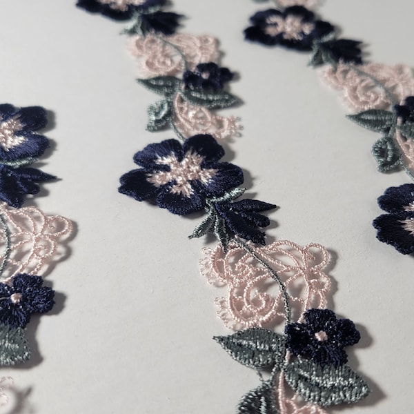 Embroidered Lace Flower Pieces, Vintage Junk Journal, Quilting, Slow Stitch, Crafting Laces, Venice Lace, Sewing Applique, Navy, Pink