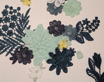 Creative Floral Leaf Lace Bundle. VTG Style Embellishments, Slow Stitch Kit, Altered Arts, Junk Journal, 25 Pc Jade Green, Mint Colors