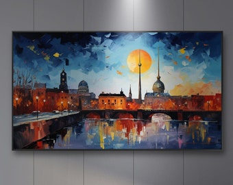 Original Hand-Painted Berlin Cityscape Art, Vibrant Sunset Skyline, Historical Architecture Reflections, Large Wall Decor Canvas, Urban Art