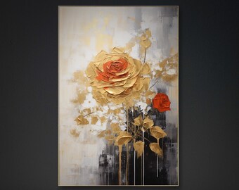 Abstract Golden Red Flower Luxurious Large Size Acrylic Oil Canvas Painting Romantic Room Decor Decoration Wall Art