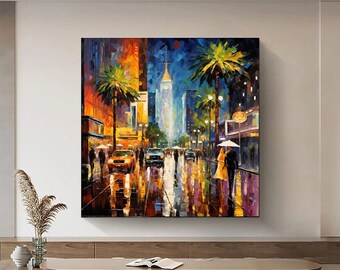 Romantic Hollywood Boulevard Glamorous Painting Walking Couple Elegant Handpainted Original Wall Art