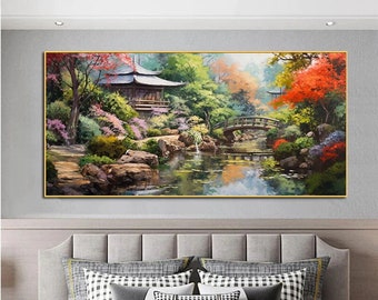 Japanese Garden Portland Oregon Floral Painting Textured Colorful Landscape Canvas Oil Wall Decor Acrylic Wall Art