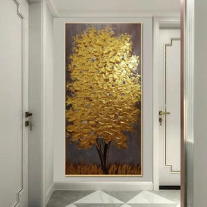 Golden Fortune Tree Oil Painting: Hand-Painted Abstract Canvas Art