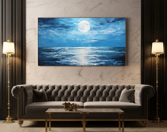 Tranquil Ocean Moonlight - Handcrafted Original Painting, Serene Sea and Full Moon, Nautical Wall Art Decor, Coastal Artwork, Large Canvas